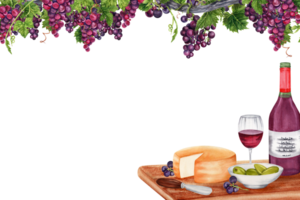 Postcard design with cheese, wine glass, bottle, plate with green olives, knife on wooden board under bunches of grapes on vine branch. Watercolor illustration isolated on transparent background. png