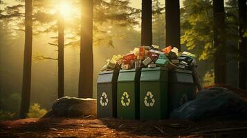 AI generated Trash cans with recycle icon photo