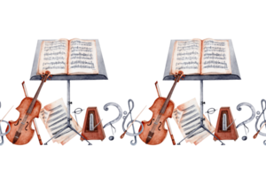 Endless banner with Violin, Music Stand, Sheet Music, Baton, Metronome, Treble and Bass Clef and Music Notes. Classical music composition. Watercolor illustration isolated on transparent background. png