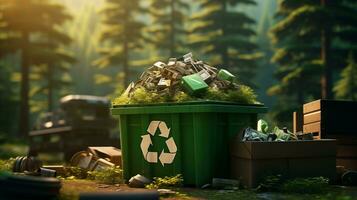 AI generated Trash cans with recycle icon photo