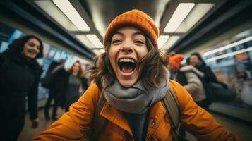 AI generated Photo of young Asian girl in the subway regarding the importance of public transportation