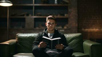 ai generado joven hombre leyendo un libro en vivo habitación. generativo ai foto