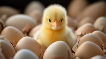 ai generado joven polluelo en pie entre huevos foto