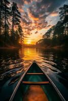 AI generated Man paddling a canoe on a calm lake photo