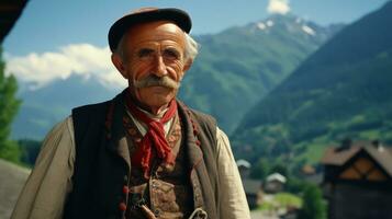 AI generated Old man in a village with lush mountain view. Generative AI photo