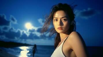 AI generated Beautiful woman in front of moonlight on the beach. Generative AI photo