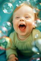 AI generated A happy baby with down syndrome among soap balloons photo