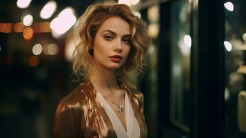 AI generated An elegantly dressed woman poses in front of a boutique on the street in the evening photo