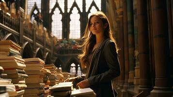 AI generated Young female student looking at books in a library photo