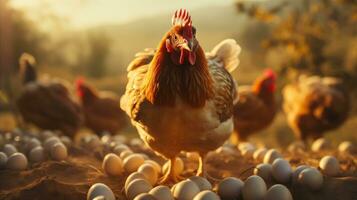 AI generated farm chickens standing together with eggs photo