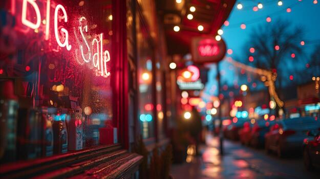 AI generated Photo of a shop window with Big Sale sign in neon lighting