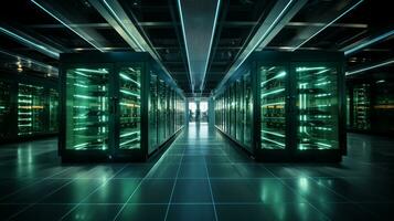 AI generated Inside a High Tech Data Center. Multiple Rows of Active Server Racks Powering Telecommunication, Cloud Computing, Artificial Intelligence, and Supercomputing Technologies photo