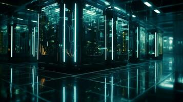 AI generated Inside a High Tech Data Center. Multiple Rows of Active Server Racks Powering Telecommunication, Cloud Computing, Artificial Intelligence, and Supercomputing Technologies photo