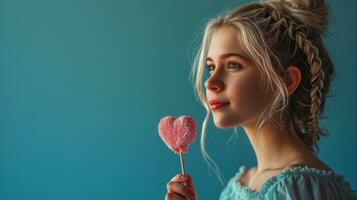 ai generado joven mujer participación en forma de corazon caramelo en su mano foto