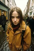 AI generated young girl standing on a flooded street. Generative AI photo