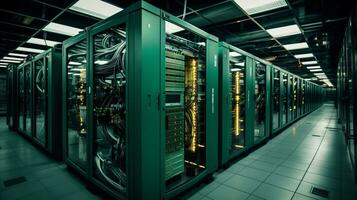 AI generated Inside a High Tech Data Center. Multiple Rows of Active Server Racks Powering Telecommunication, Cloud Computing, Artificial Intelligence, and Supercomputing Technologies photo