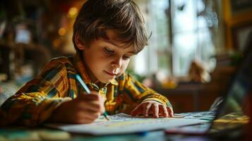 AI generated Little boy drawing with pencil photo