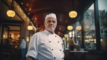 ai generado cocinero en pie en el calle en frente de un restaurante. generativo ai foto