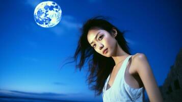 AI generated Beautiful asian woman in front of moonlight on the beach. Generative AI photo