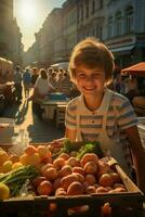 ai generado pequeño chico posando a un local mercado foto