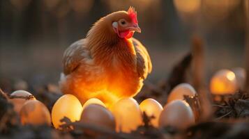 AI generated farm chickens standing together with eggs photo