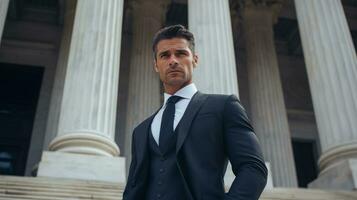 AI generated Elegantly dressed lawyer man posing in front of courthouse. Generative AI photo