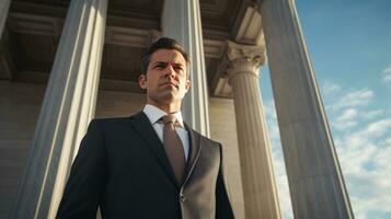 AI generated Elegantly dressed lawyer man posing in front of courthouse. Generative AI photo