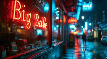 AI generated Photo of a shop window with Big Sale sign in neon lighting