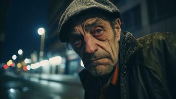 ai generado un feo hombre en el ciudad calle a noche. generativo ai foto