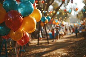 AI generated A children's birthday party is set up in a local park. photo