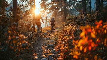AI generated Mountain bikers cycling in the forest photo