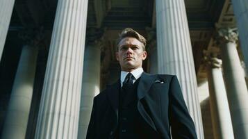 AI generated Elegantly dressed lawyer man posing in front of courthouse. Generative AI photo