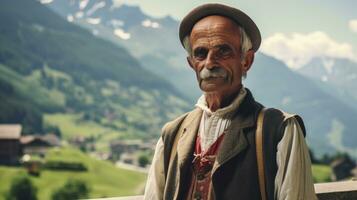 ai generado antiguo hombre en un pueblo con lozano montaña vista. generativo ai foto