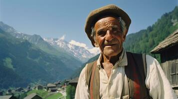 AI generated Old man in a village with lush mountain view. Generative AI photo