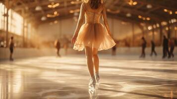 ai generado el hermosa joven mujer Patinaje a lo largo el hielo foto