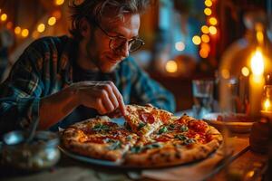 AI generated man eating pizza photo