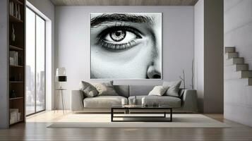 AI generated A living room with a painting in the shape of a woman's eye. Generative AI photo