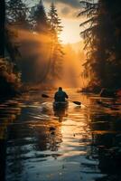 ai generado hombre remar un canoa en un calma lago foto