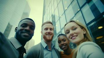 AI generated Group of friends pose happily on a city street with plazas. Generative AI photo