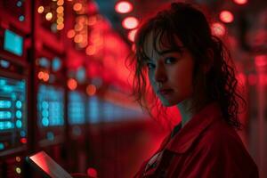 AI generated Female IT specialist using tablet in server room photo
