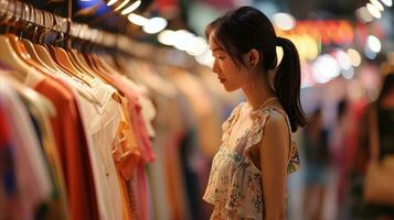 AI generated A woman browsing through racks of colorful clothing in a bustling shopping mall photo