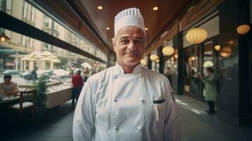 ai generado cocinero en pie en el calle en frente de un restaurante. generativo ai foto