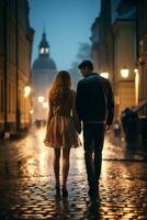 AI generated Back view photo of young couple walking on the side streets of the city. Generative AI