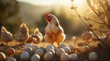 AI generated farm chickens standing together with eggs photo