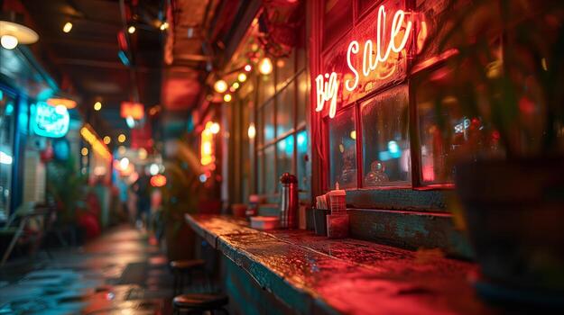 AI generated Photo of a shop window with Big Sale sign in neon lighting