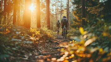 AI generated Mountain bikers cycling in the forest photo