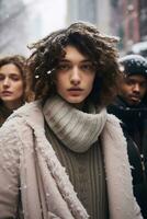 AI generated Group of happy multiracial friends on the street in a snowy weather photo