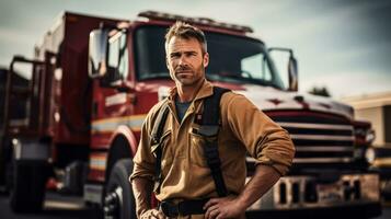 AI generated Firefighter posing in front of fire truck. Generative AI photo