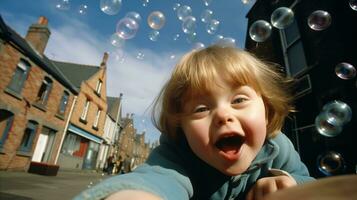 ai generado un contento bebé con abajo síndrome entre jabón globos foto