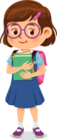 Little girl stand holding books with backpacks png